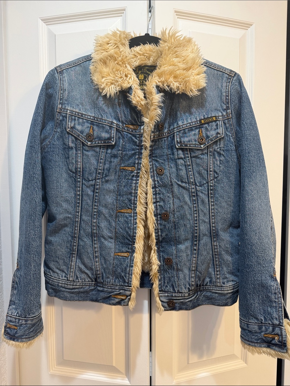 Vintage Y2K Lucky Brand Dungarees Faux Fur Lined Denim Jacket Size Small
